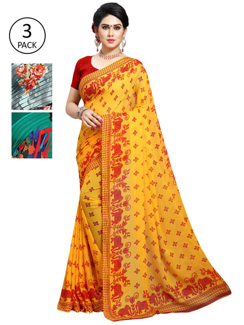 

KALINI Yellow & Green Floral Pack of 3 Saree