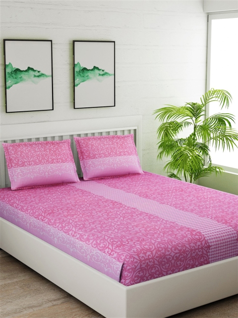 

Salona Bichona Pink & White Ethnic Motifs 180 TC Queen Bedsheet with 2 Pillow Covers
