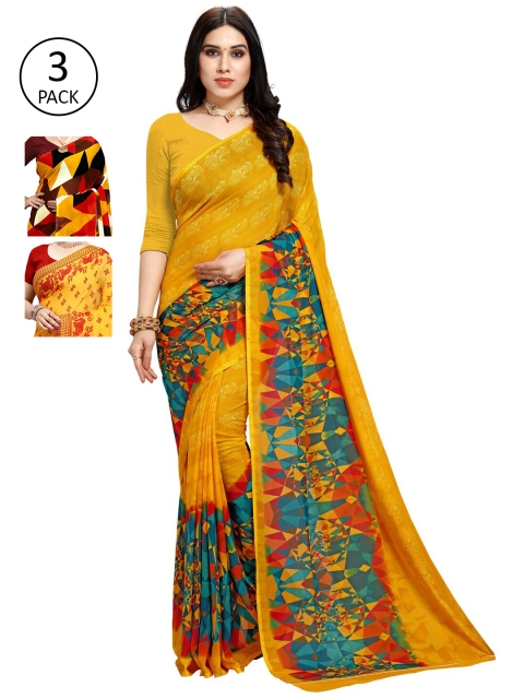 KALINI Pack of 3 Printed Poly Georgette Saree, Yellow