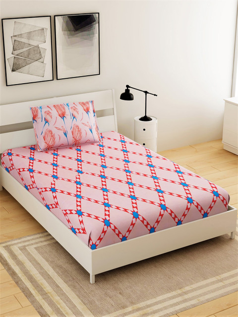 

Salona Bichona Pink & Blue Geometric 144 TC Single Bedsheet with 1 Pillow Covers