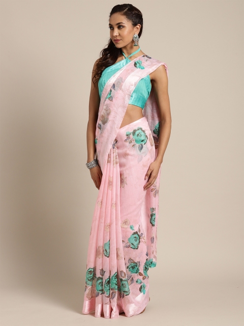 

Saree mall Pink & Sea Green Floral Linen Blend Sarees