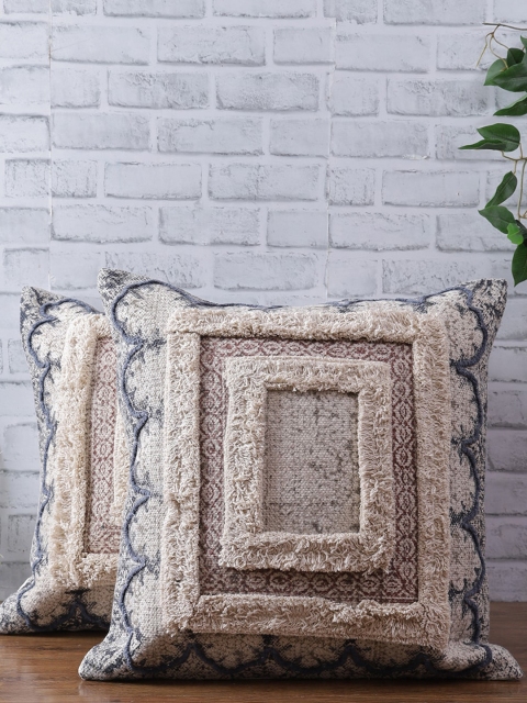 

eyda Set Of 2 Cream & Grey Embellished Square Cushion Covers
