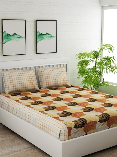 

Salona Bichona Yellow & Brown 180 TC Cotton Queen Bedsheet with 2 Pillow Covers