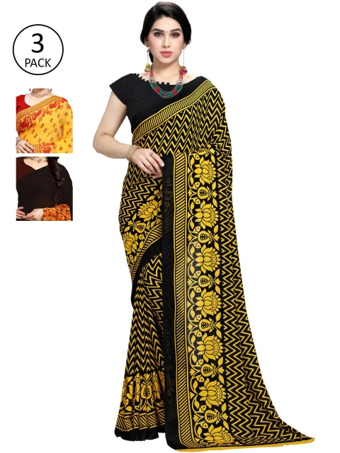 

KALINI Pack of 3 Poly Georgette Sarees, Yellow