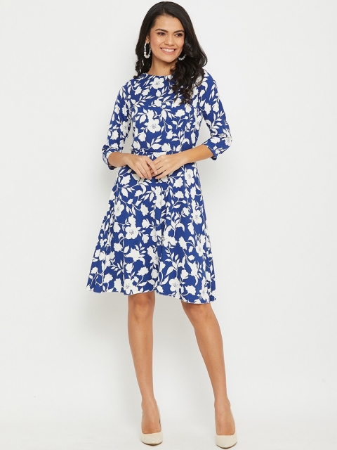 

PANIT Women Blue & White Screen Floral Print Crepe Dress