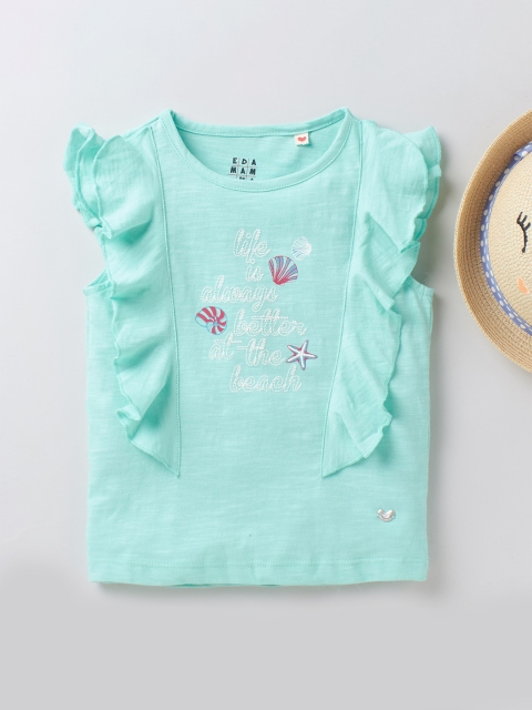 

Ed-a-Mamma Girls Blue Printed Ruffled Sustainable Cotton Pure Cotton T-shirt