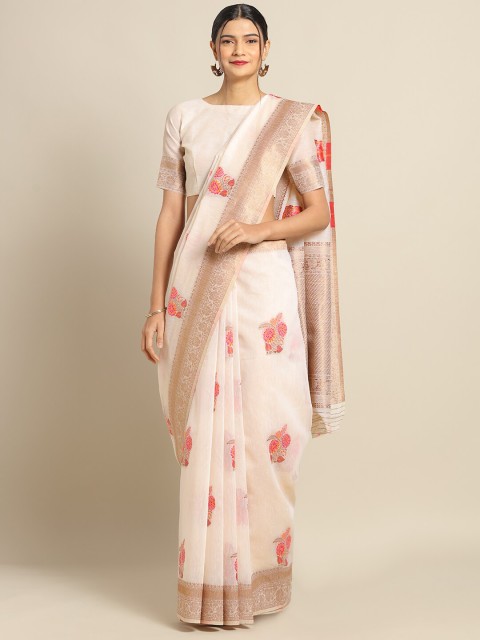 

Saree mall Cream & Gold-Toned Ethnic Motifs Linen Blend Sarees