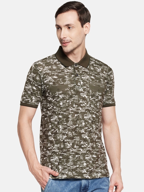 

Monte Carlo Men Olive Floral Printed Polo Collar Tropical Slim Fit T-shirt