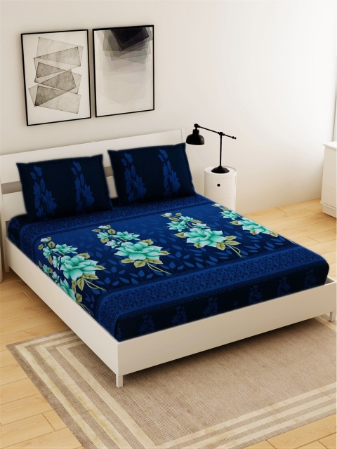 

Salona Bichona Blue Floral 120 TC Cotton King Bedsheet with 2 Pillow Covers