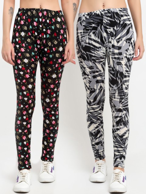 

NEUDIS Women Pack Of 2 Printed Skinny-Fit Ankle-Length Leggings, Black
