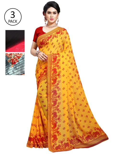 

KALINI Pack of 3 Poly Georgette Sarees, Yellow