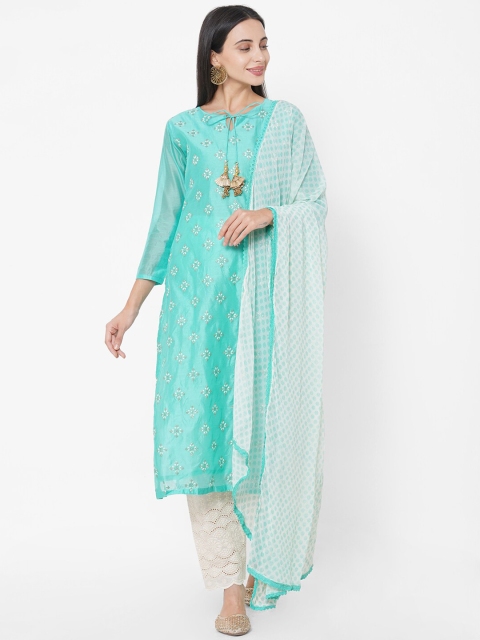 

FASHOR Women Blue Ethnic Motifs Embroidered Chanderi Silk Kurta with Trousers & Dupatta