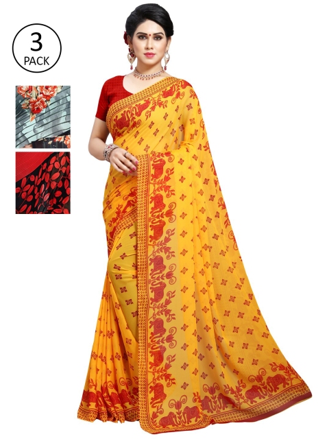

KALINI Yellow & Red Striped Pack of 3 Saree