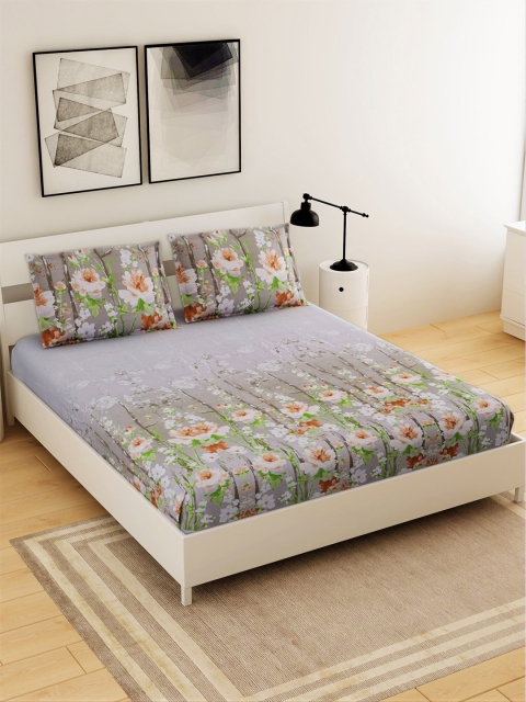 

Salona Bichona Grey & Brown Floral 144 TC King Bedsheet with 2 Pillow Covers