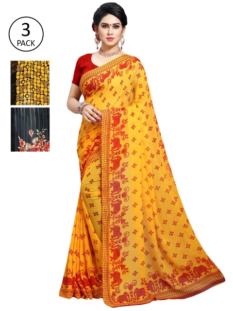 

KALINI Yellow & Green Floral Pack of 3 Saree