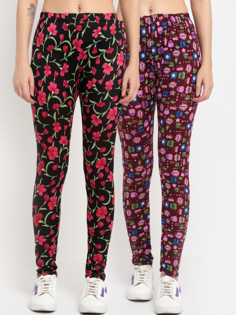 

NEUDIS Women Pack Of 2 Printed Skinny-Fit Ankle-Length Leggings, Black