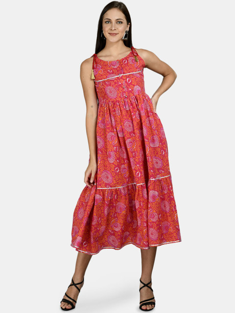 

Myshka Women Pink & Orange Floral Printed Fit & Flare Midi Dress