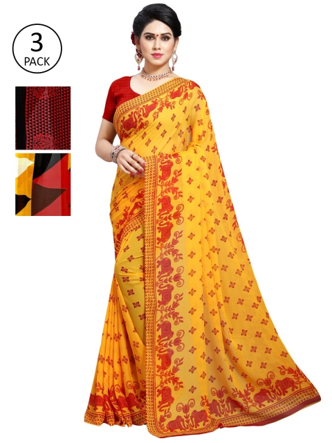 

KALINI Pack of 3 Poly Georgette Sarees, Yellow