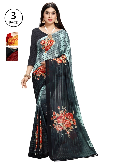 

KALINI Pack Of 3 Poly Georgette Printed Sarees, Yellow