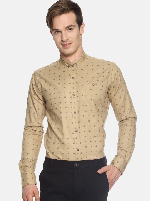 

COUPER & COLL Men Beige & Black Slim Fit Printed Pure Cotton Casual Shirt