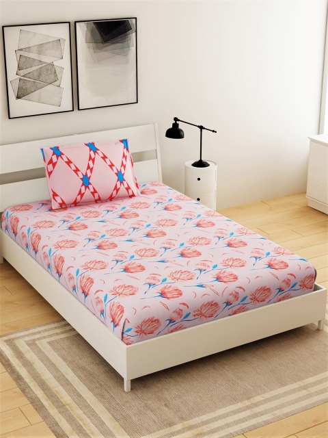 

Salona Bichona Peach & Blue Floral 144 TC Single Bedsheet with 1 Pillow Covers