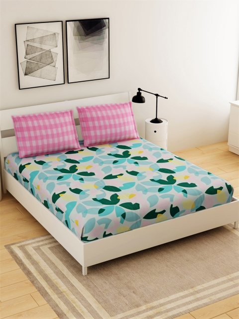 

Salona Bichona White & Blue Floral 144 TC Queen Bedsheet with 2 Pillow Covers