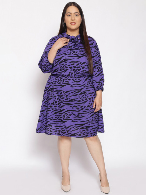 

Oxolloxo Plus Size Purple & Black Animal Printed Tie-Up Neck A-Line Dress