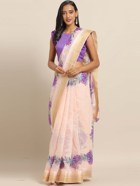 

Saree mall Peach & Purple Floral Zari Linen Blend Sarees