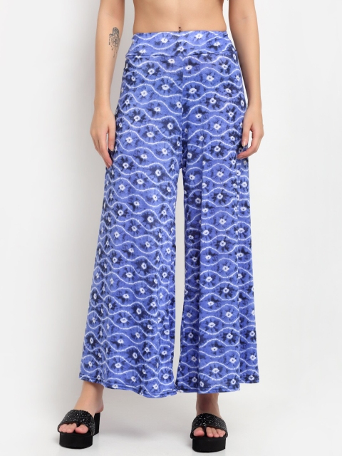 

NEUDIS Women Blue & White Floral Printed Flared Knitted Palazzos