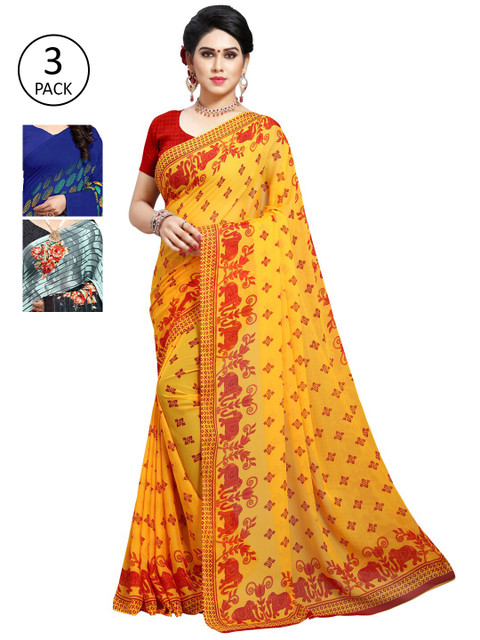 

KALINI Pack Of 3 Yellow & Blue Saree