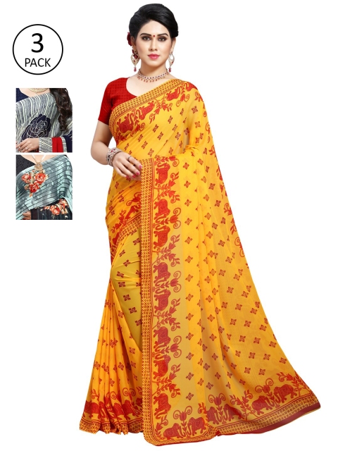 

KALINI Pack of 3 Poly Georgette Sarees, Yellow