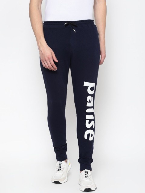 

PAUSE SPORT Men Navy blue & White Solid Cotton Slim-Fit Anti-Microbial Joggers