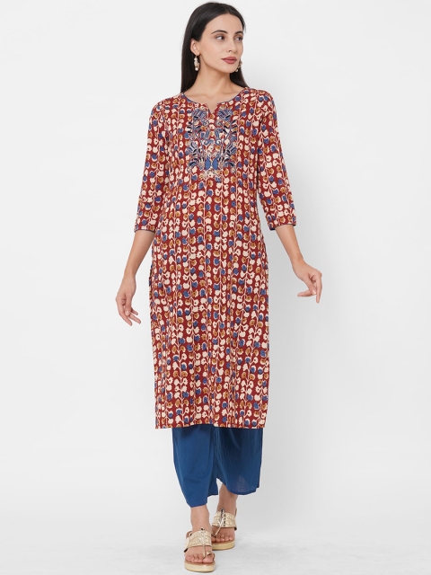 

FASHOR Women Maroon Embroidered Pleated Pure Cotton Kurta with Trousers