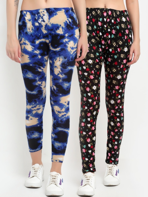 

NEUDIS Women Pack Of 2 Printed Skinny-Fit Ankle-Length Leggings, Black