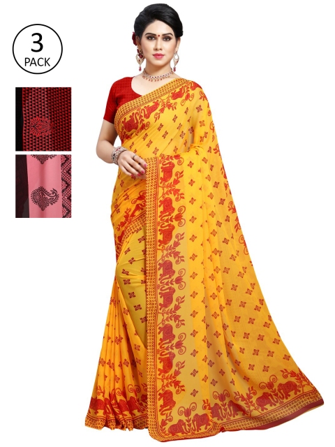 

KALINI Pack Of 3 Poly Georgette Printed Sarees, Yellow
