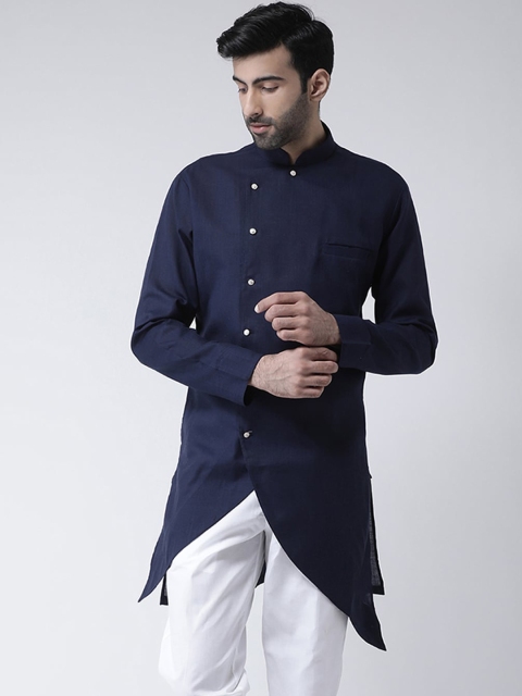 

SG LEMAN Men Navy Blue Solid Pure Cotton Angrakha Kurta