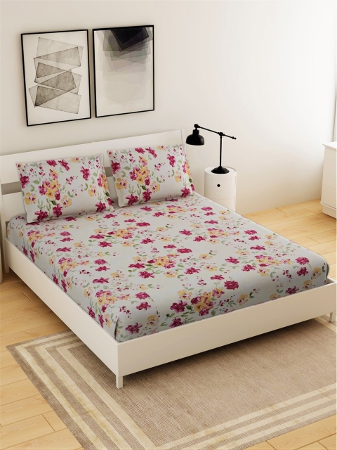 

Salona Bichona Grey & Pink Floral 144 TC King Bedsheet with 2 Pillow Covers