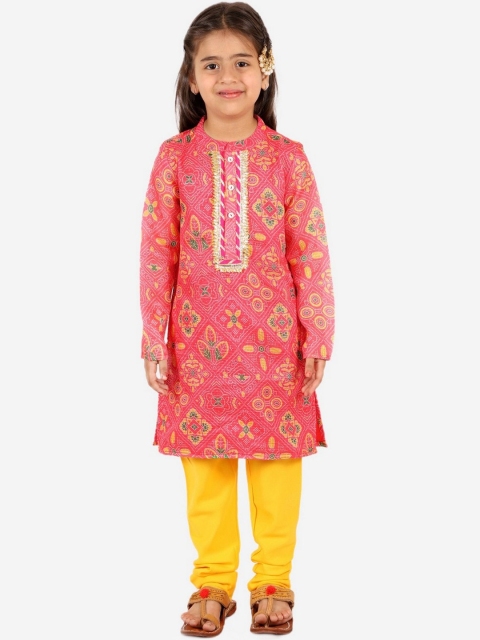 

Lil Peacock Girls Red & Yellow Embroidered Kurta with Churidar
