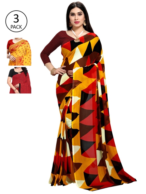 

KALINI Pack of 3 Printed Poly Georgette Saree, Yellow