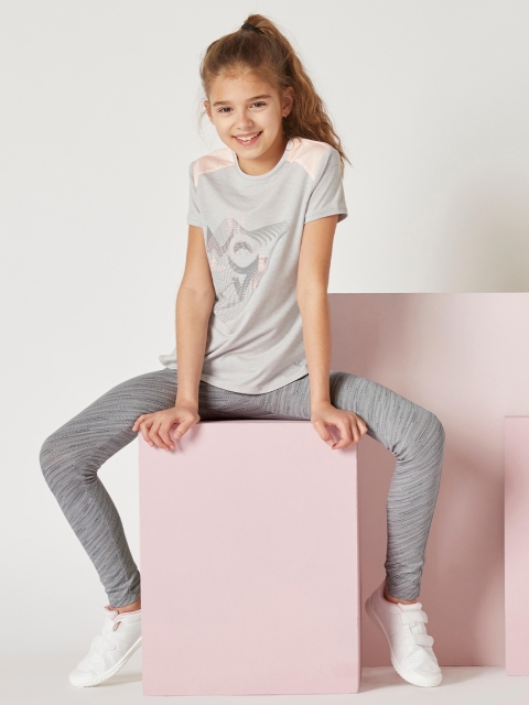 

Domyos By Decathlon Girls Grey Melange & Pink Printed Training or Gym T-shirt