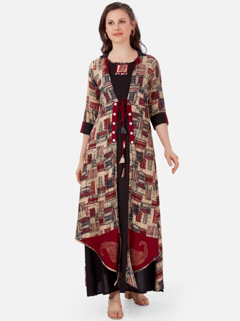 

Kiana Black Printed Maxi Dress With Attached Shrug