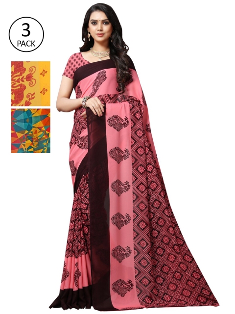 

KALINI Pack Of 3 Poly Georgette Printed Sarees, Pink