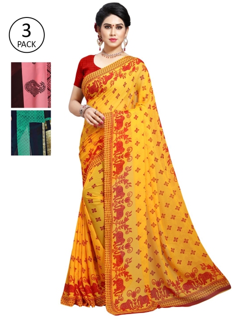 

KALINI Pack Of 3 Ethnic Motifs Sarees, Green