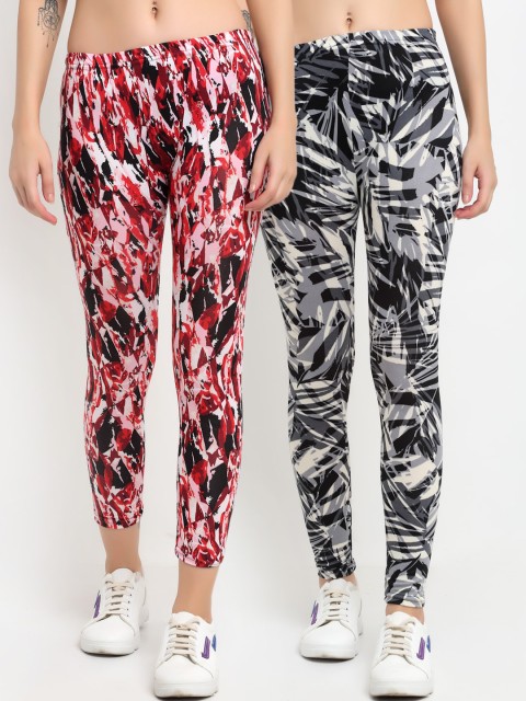 

NEUDIS Women Pack Of 2 Abstract Printed Skinny-Fit Ankle-Length Leggings, Red