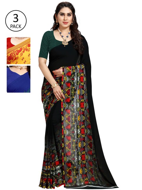 

KALINI Pack Of 3 Poly Georgette Printed Sarees, Black