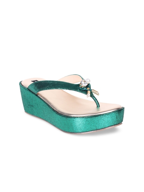 

Sherrif Shoes Green Embellished Wedge Sandals with Tassels