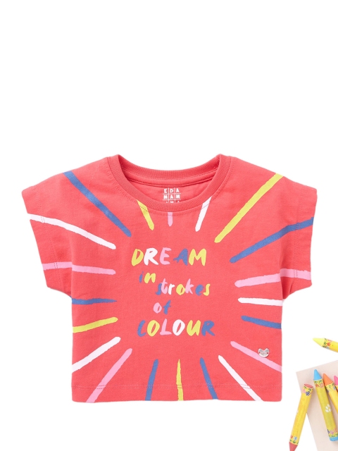 

Ed-a-Mamma Girls Coral Pure Cotton Typography Printed Pure Cotton T-shirt