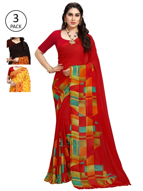 

KALINI Pack Of 3 Yellow & Red Poly Georgette Ethnic Motifs Saree