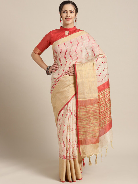 

Saree mall Beige & Red Striped Cotton Blend Zari Sarees