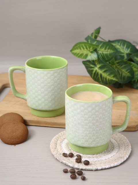 

Aapno Rajasthan Set Of 4 Green & White Textured Ceramic Glossy Coffee Mugs